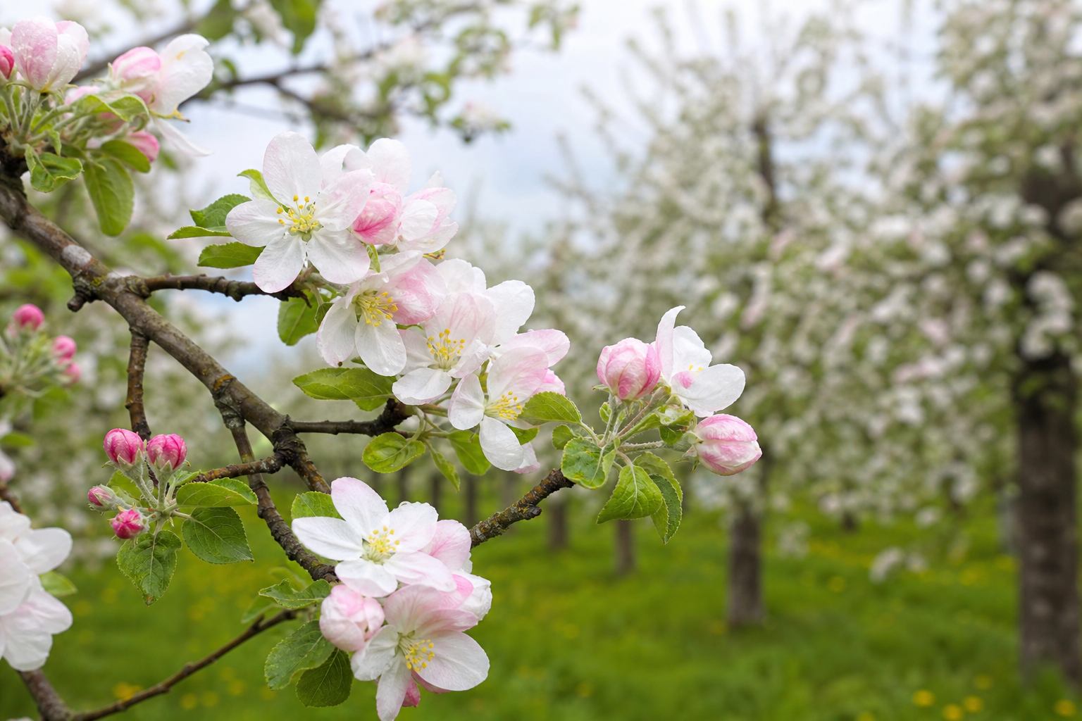 Frühlingslicht über blühenden Obstbäumen