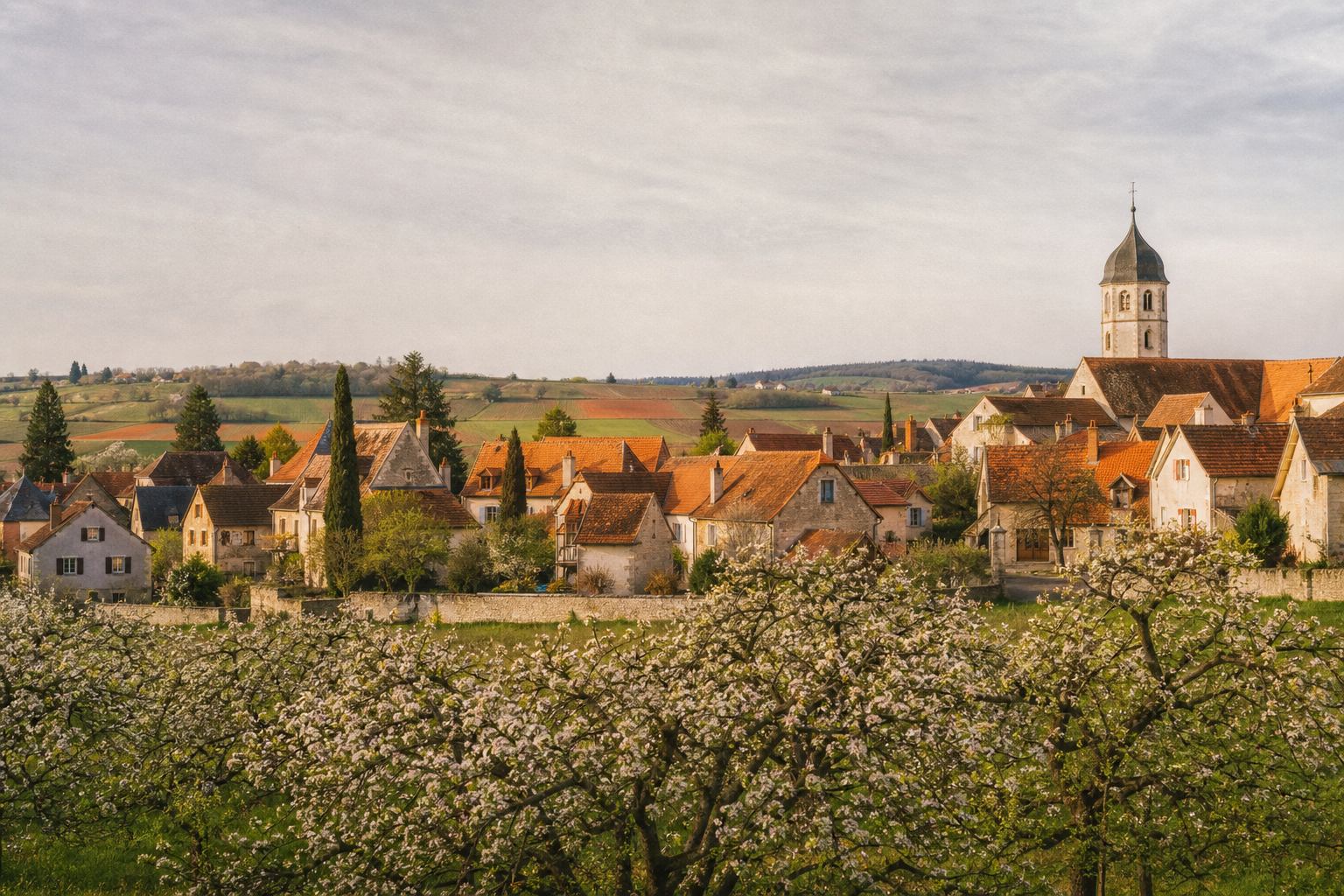 Helles Dorf zwischen Gärten als Referenzmotiv